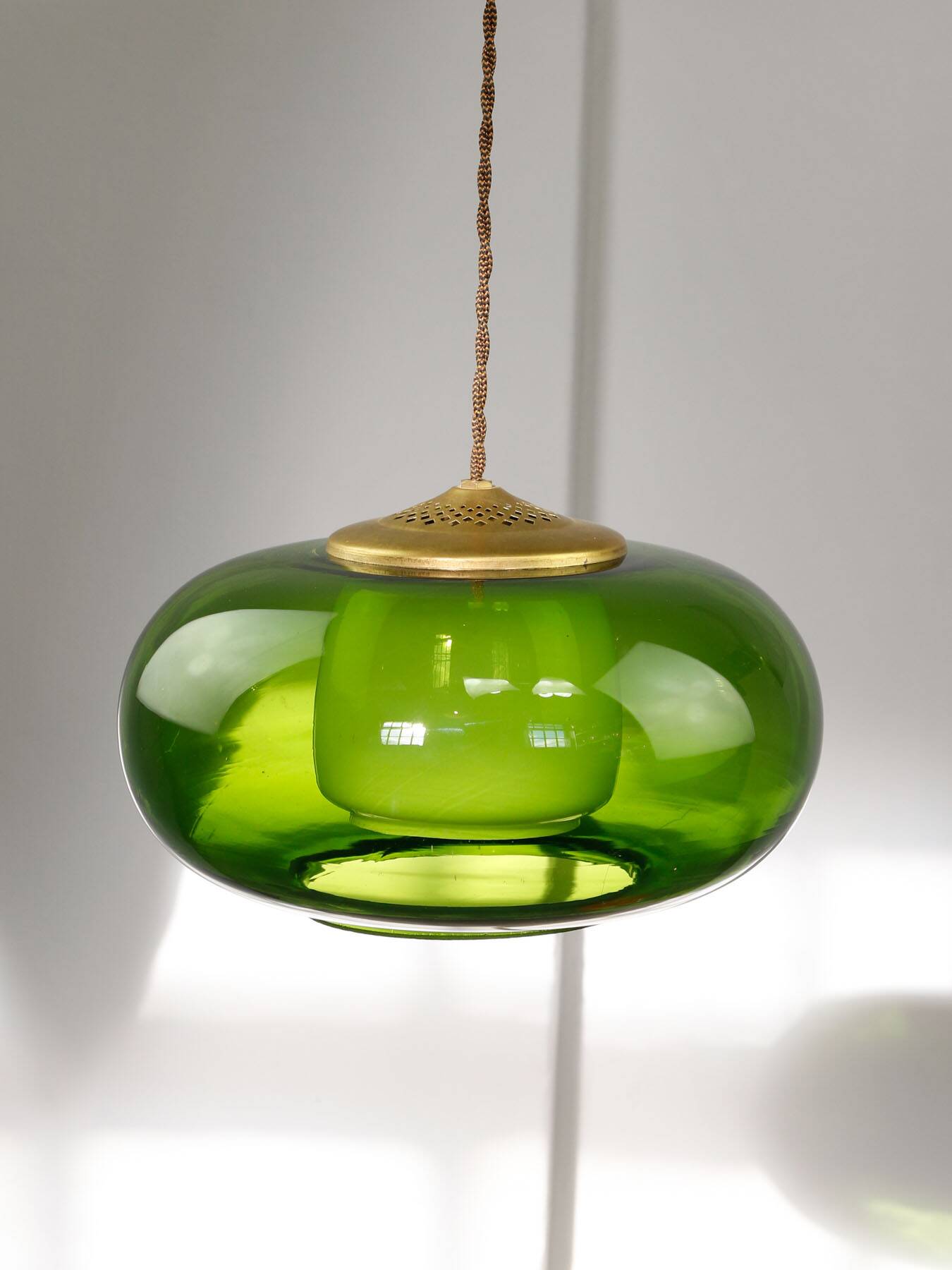 Mid-Century Italian Green Glass & Brass Pendant Lamp, 60s
