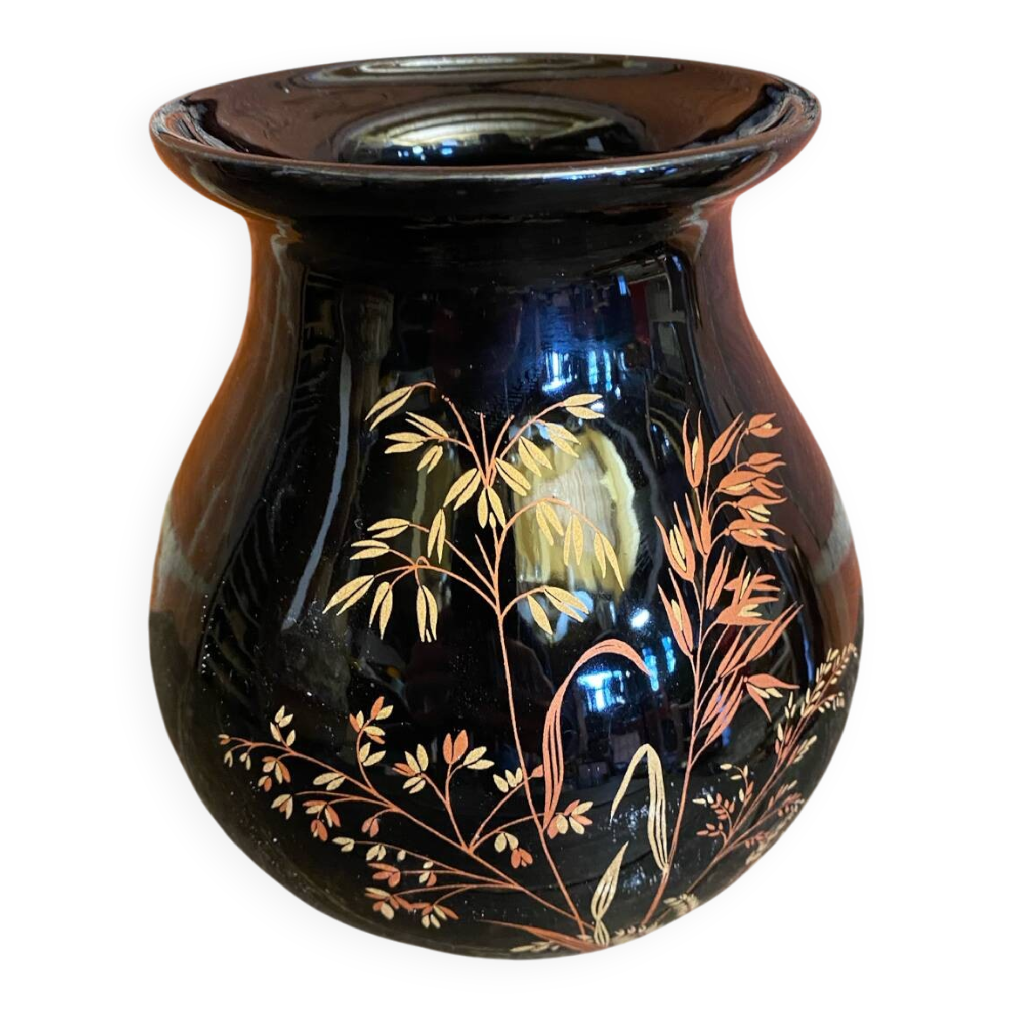 Antique st clement vase black ceramic painted decor vintage