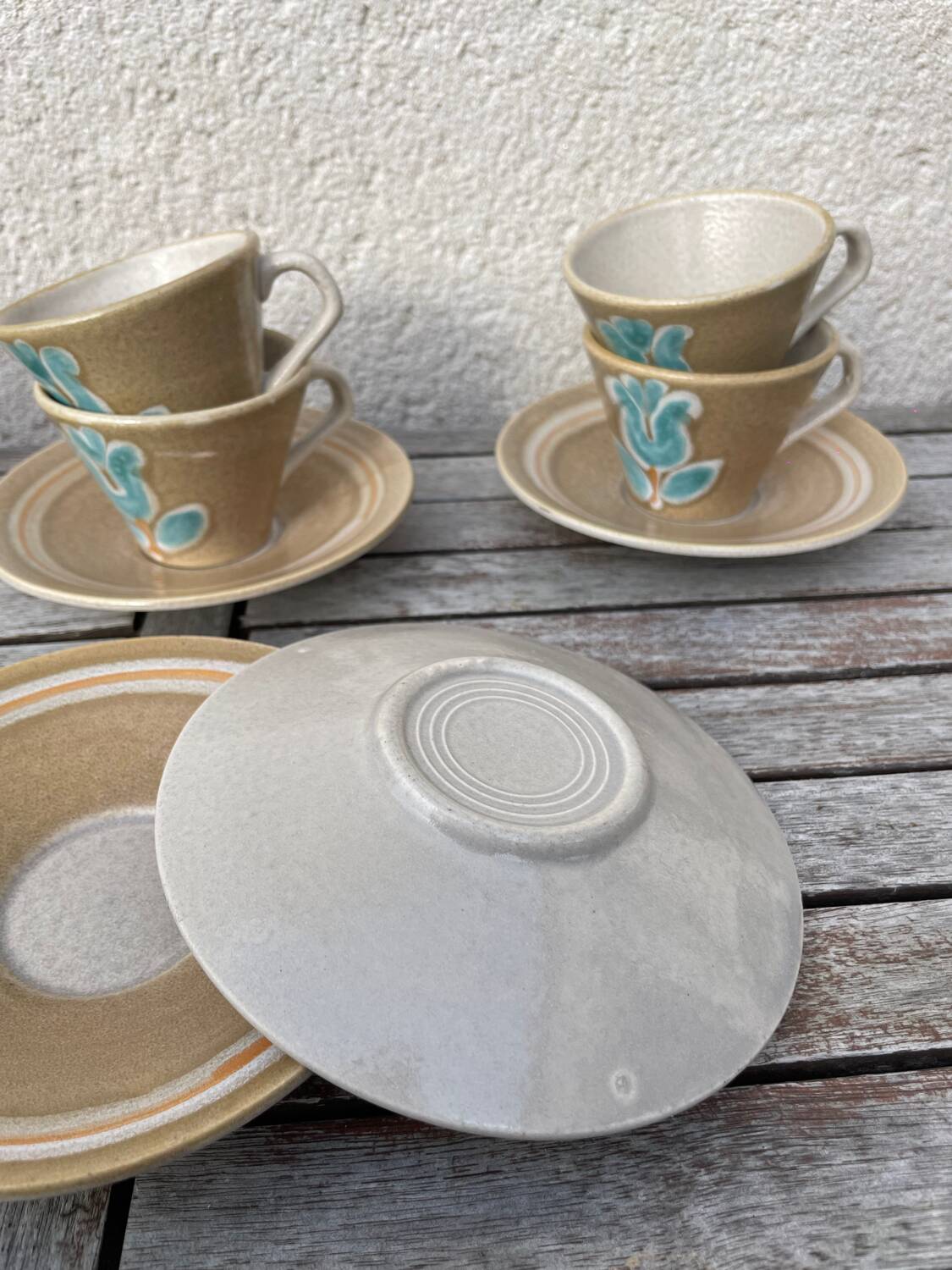 Stoneware coffee service from Pornic with turquoise flower print, 1970s-80s