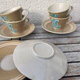 Stoneware coffee service from Pornic with turquoise flower print, 1970s-80s