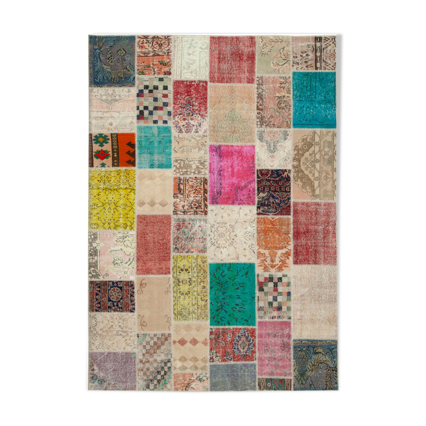 Hand-knotted anatolian contemporary 208 cm x 296 cm multicolor patchwork carpet