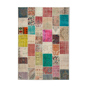 Hand-knotted anatolian contemporary 208 cm x 296 cm multicolor patchwork carpet