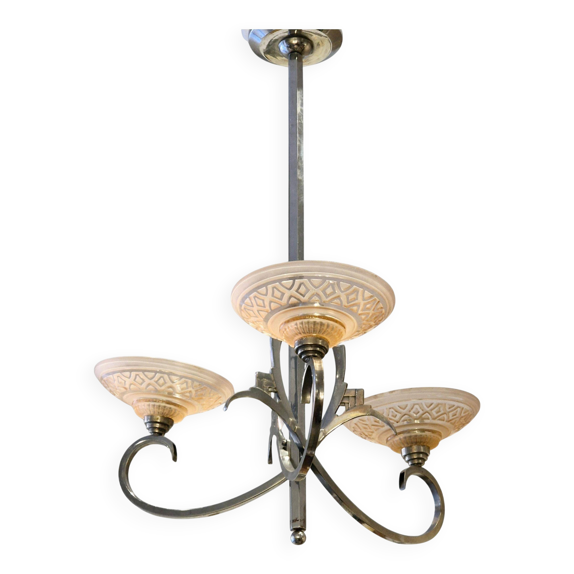 French chandelier, with pink glass shades, Art Deco