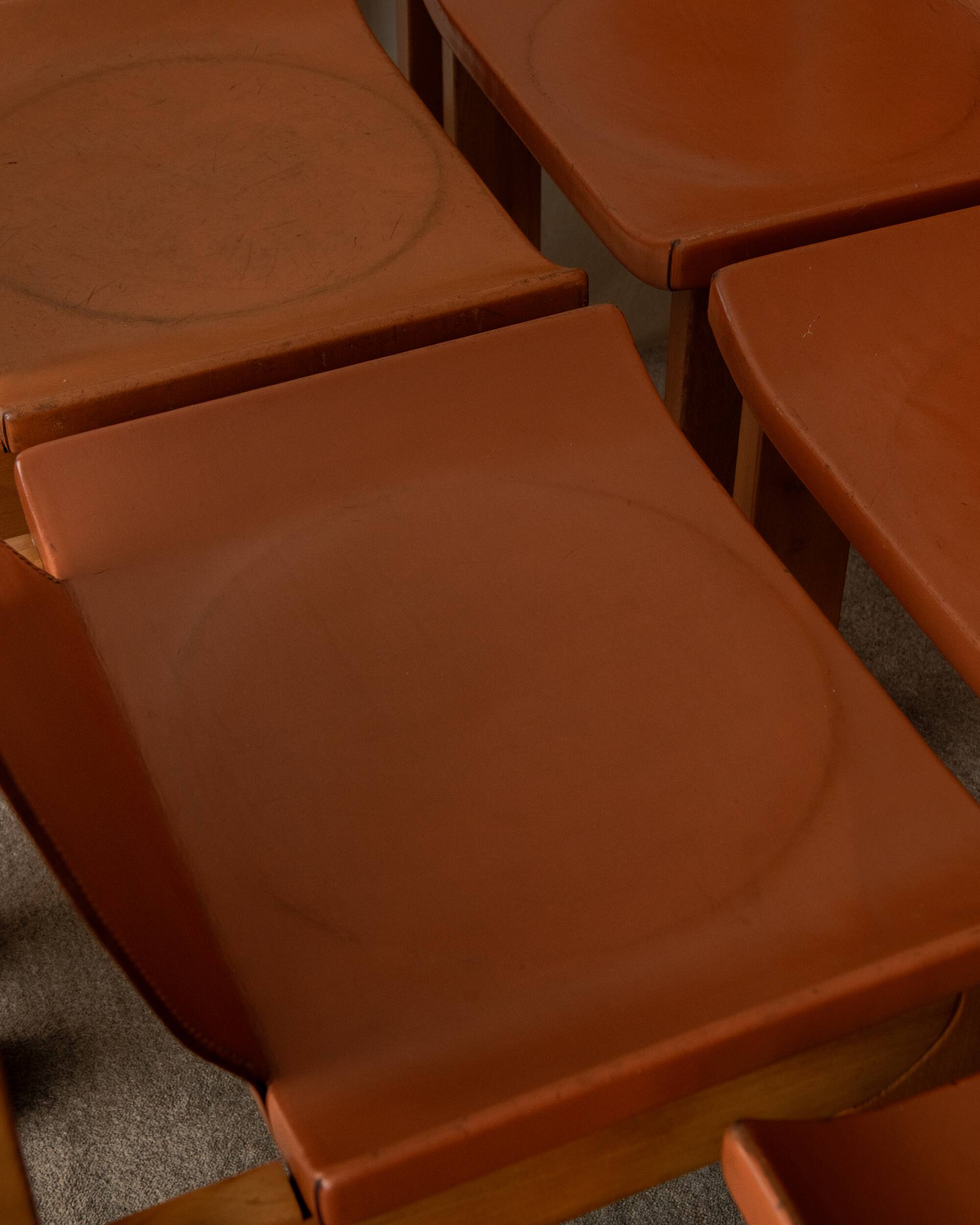 Wood Leather Dining Chairs Luigi Gorgoni Roche Bobois, 1970s, Set of 7