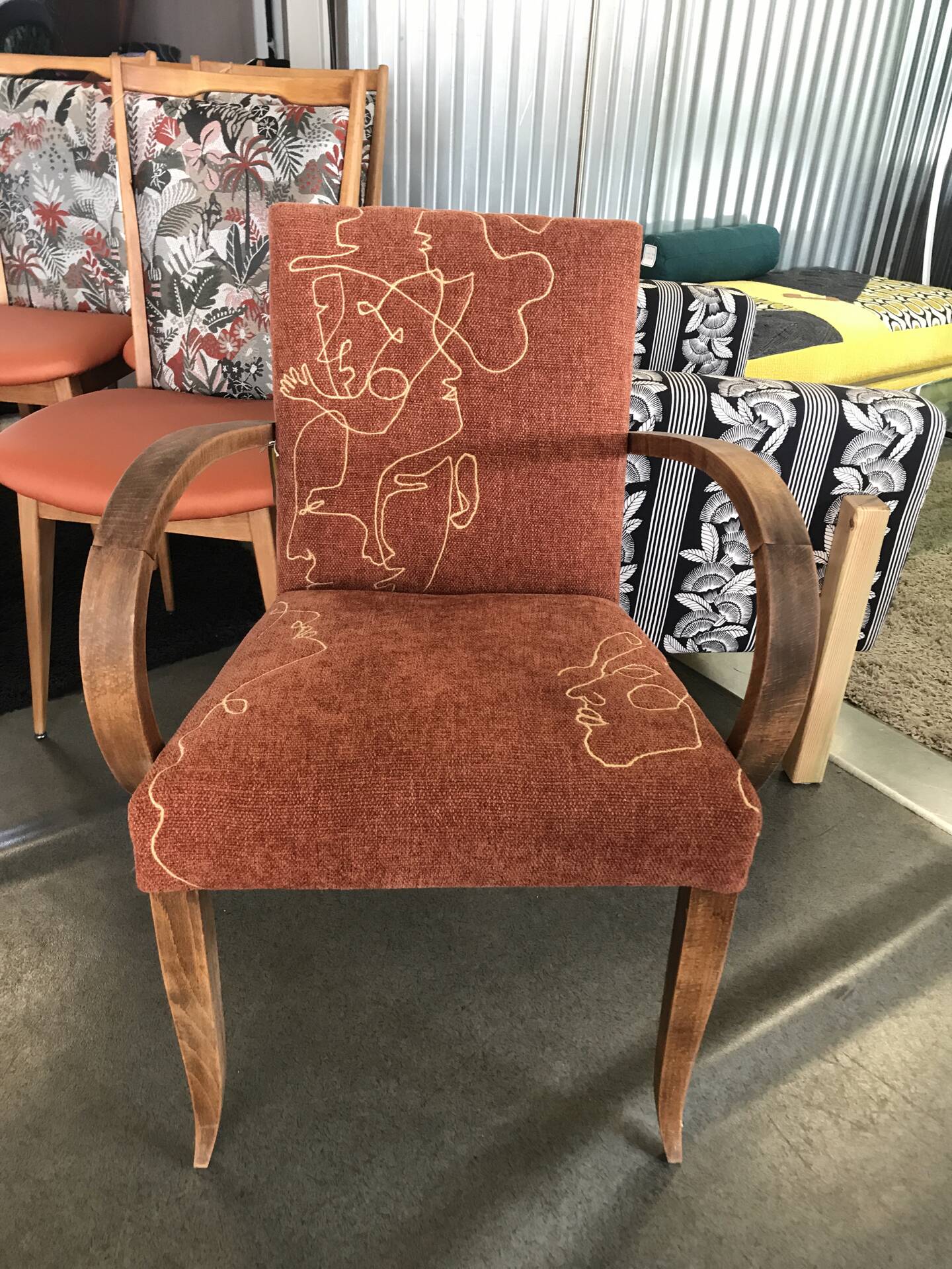 Bridge armchair from the 1940s with embroidered upholstery.
