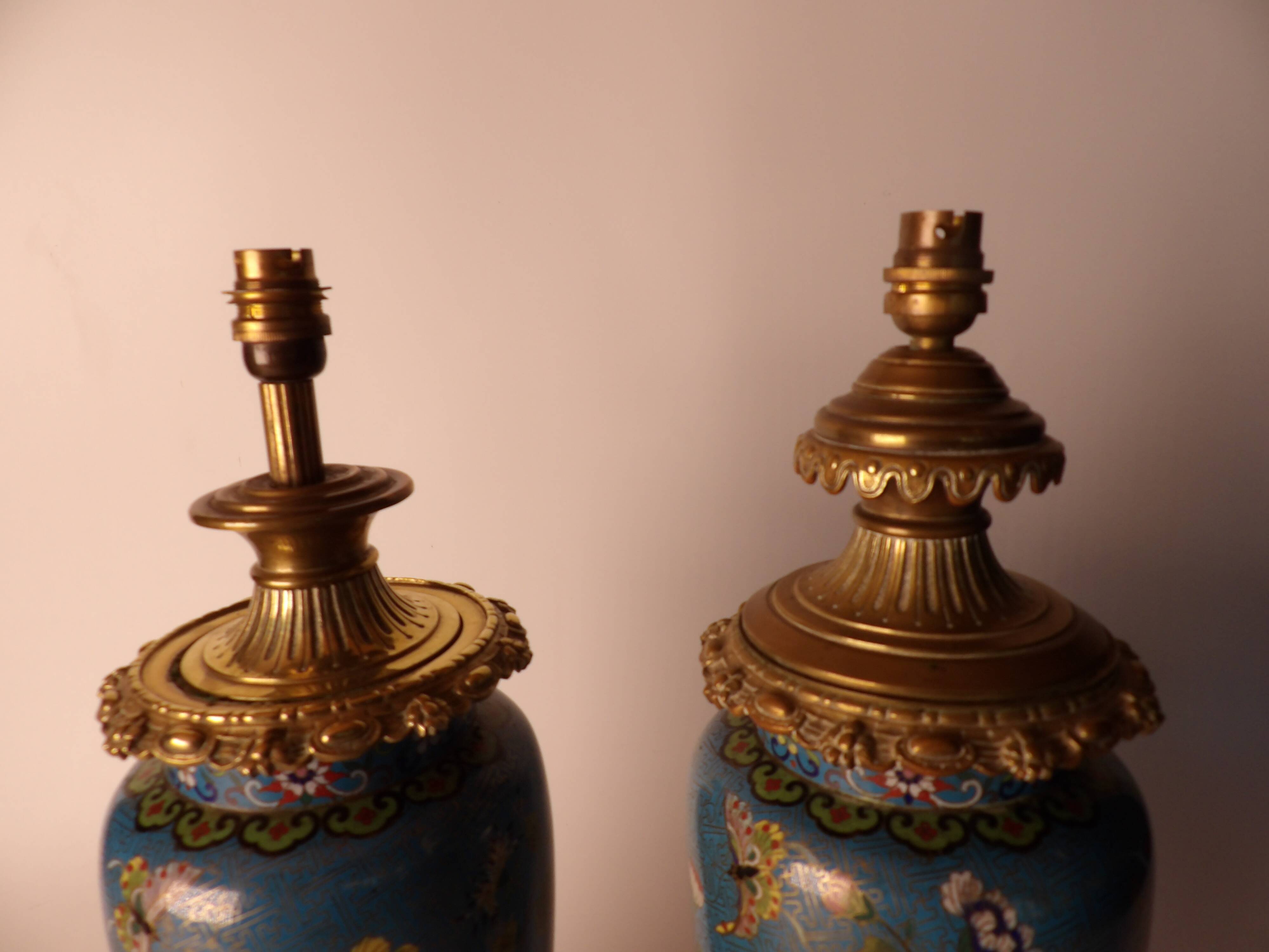 Pair of Asian style lamps in cloisonné and bronze