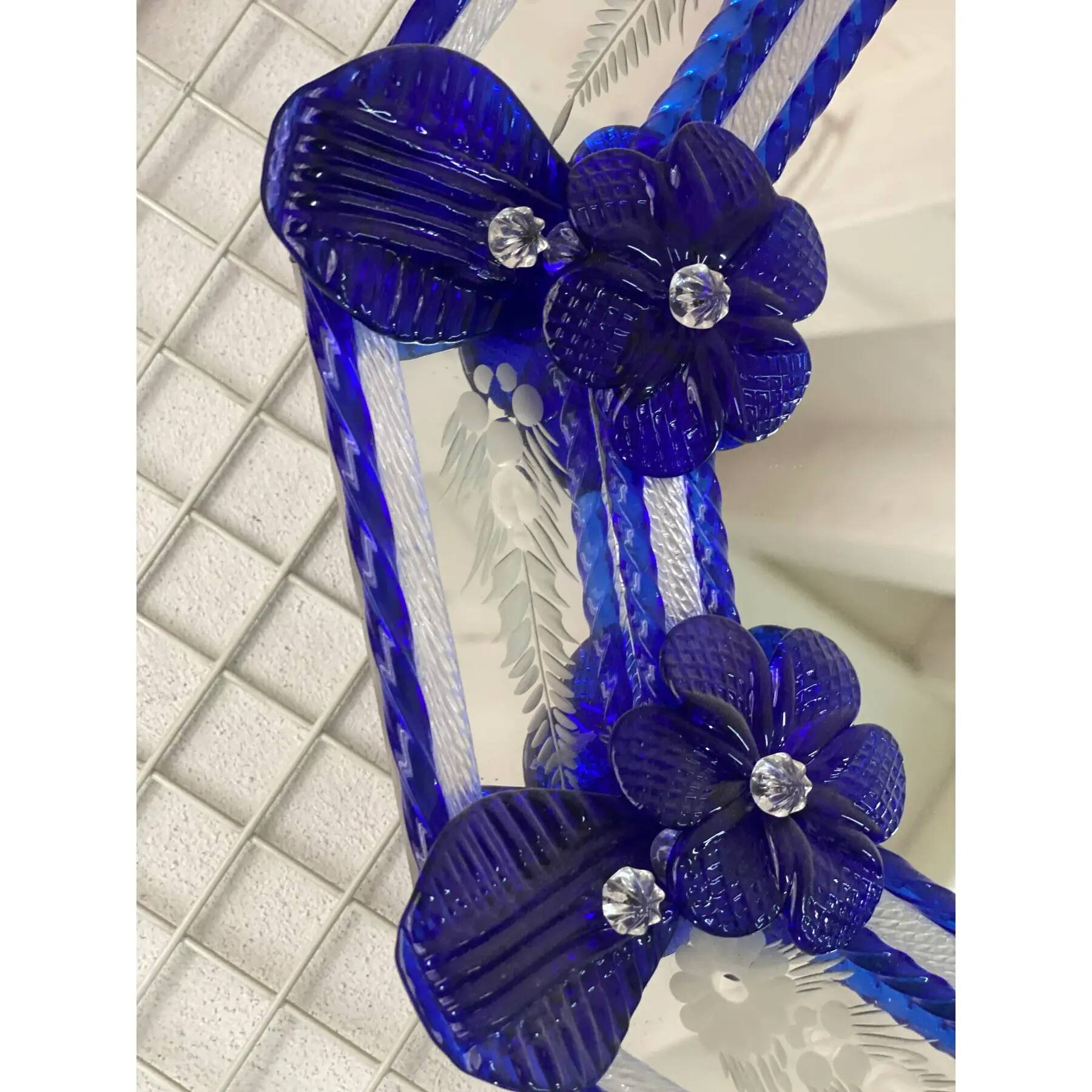 Italian Venetian Octagonal Murano Glass Wall Mirror with Blue Floral Handwork