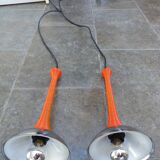 Pair of orange twisted metal pendant lights attributed to Angelo MANGIAROTTI