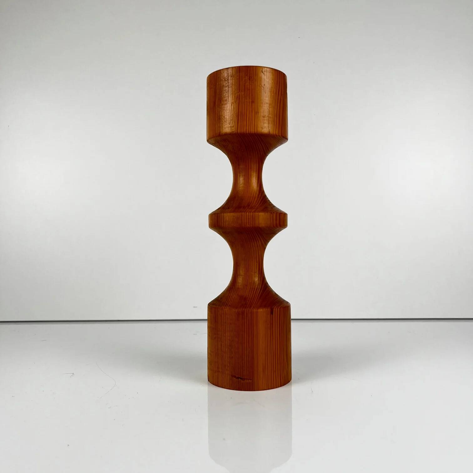 Turned wooden candlestick, pine, Midcentury Modern, 1970