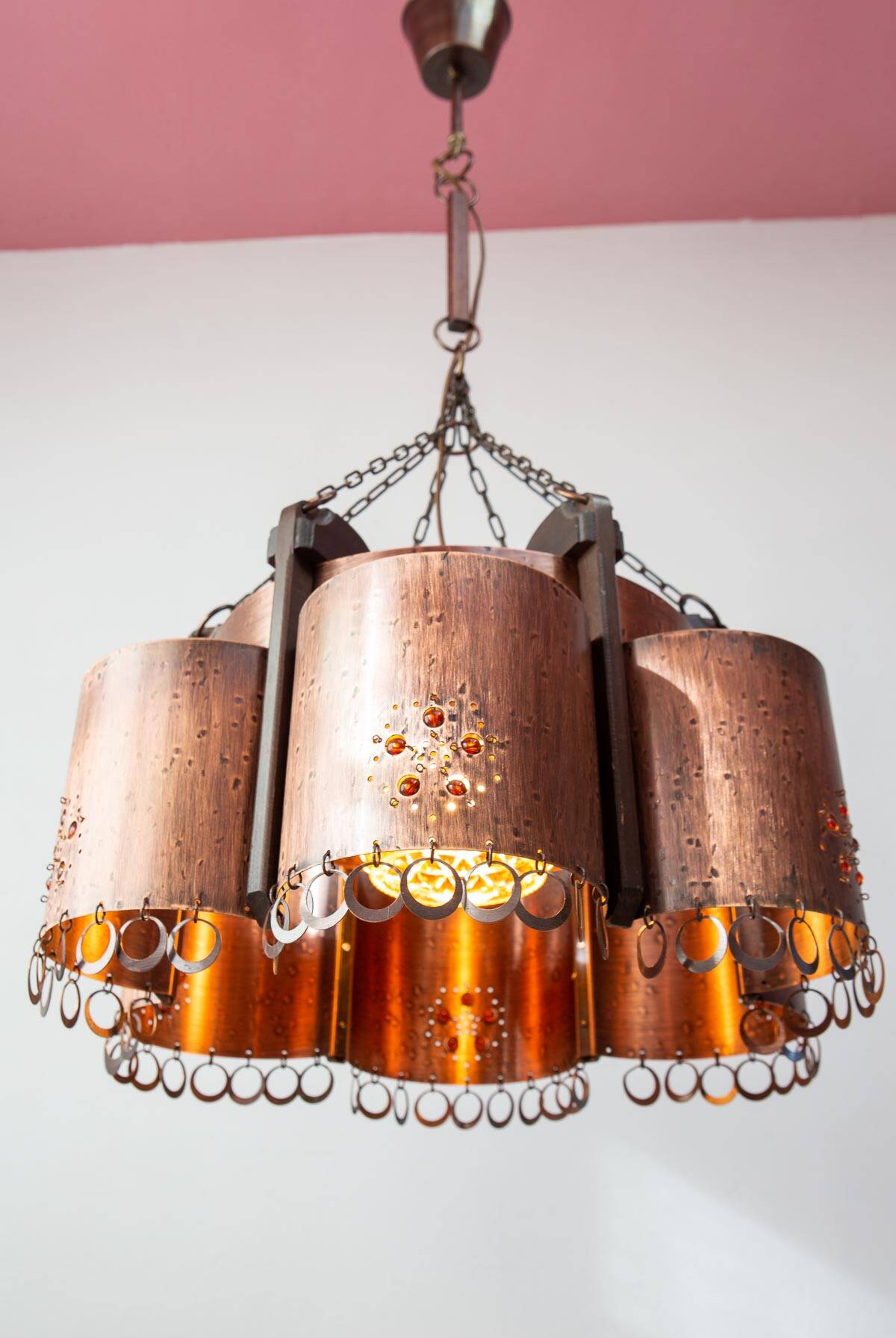 Large Scandinavian copper and wood pendant lamp circa 1970