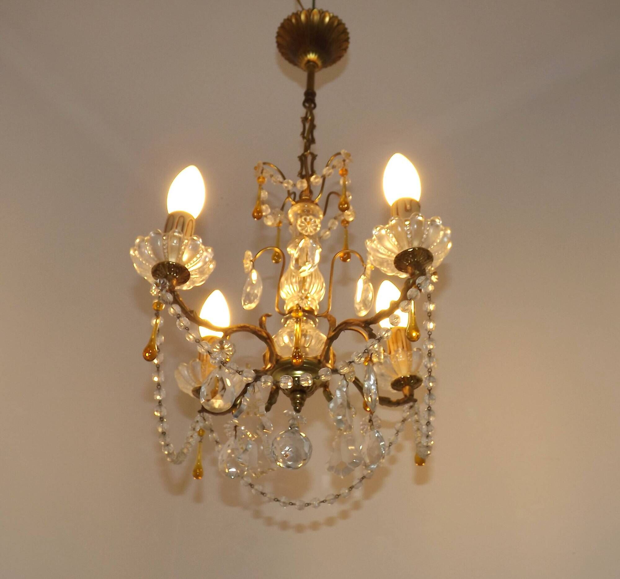 Vintage 4-Light Bronze, Glass & Crystal Chandelier with Amber Glass Drops