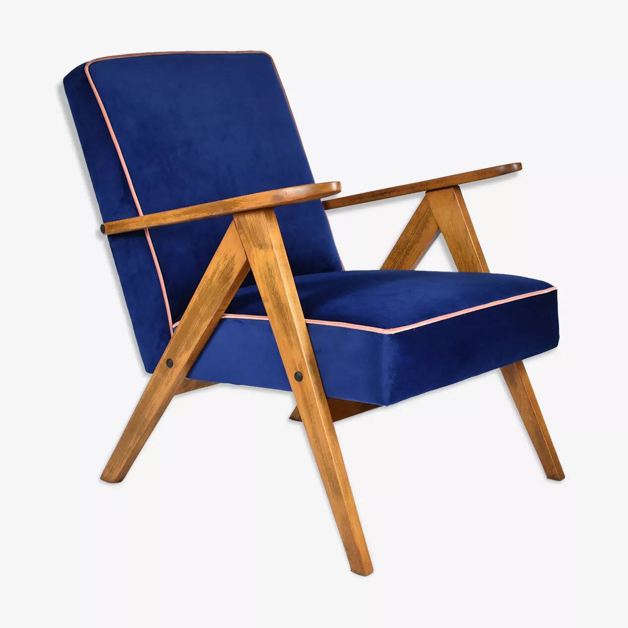 Fauteuil vintage B310 VAR "Compas", Pologne, super restauré, années 1960, velours bleu et rose.