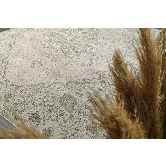 1970s Vintage Persian Handmade Wool Cotton Beige Area Rug 287x367