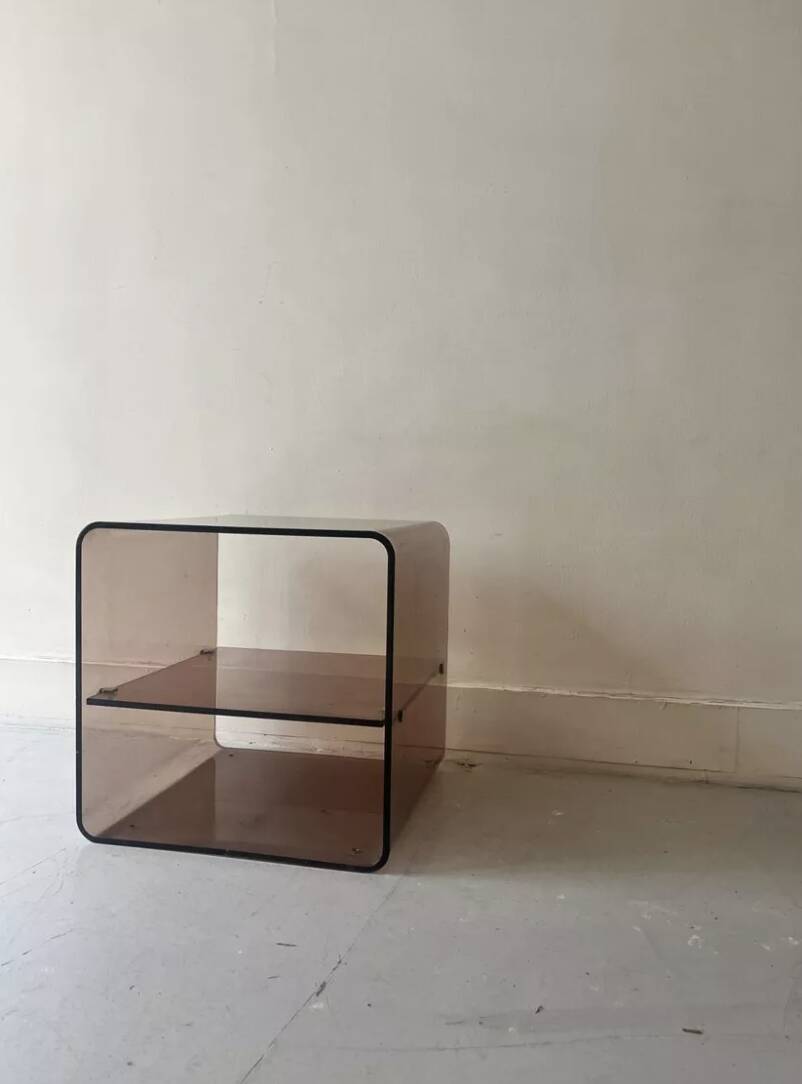 Smoked plexiglass side table/bedside table, M. Dumas for Roche Bobois 1970