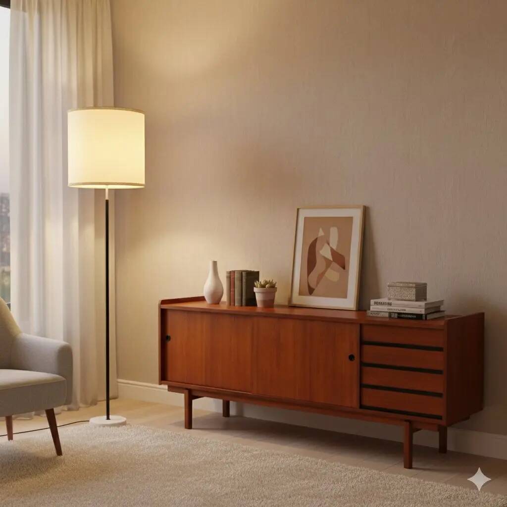 Vintage floor lamp in marble, metal, and fabric, designed in the 1950s-1960s.