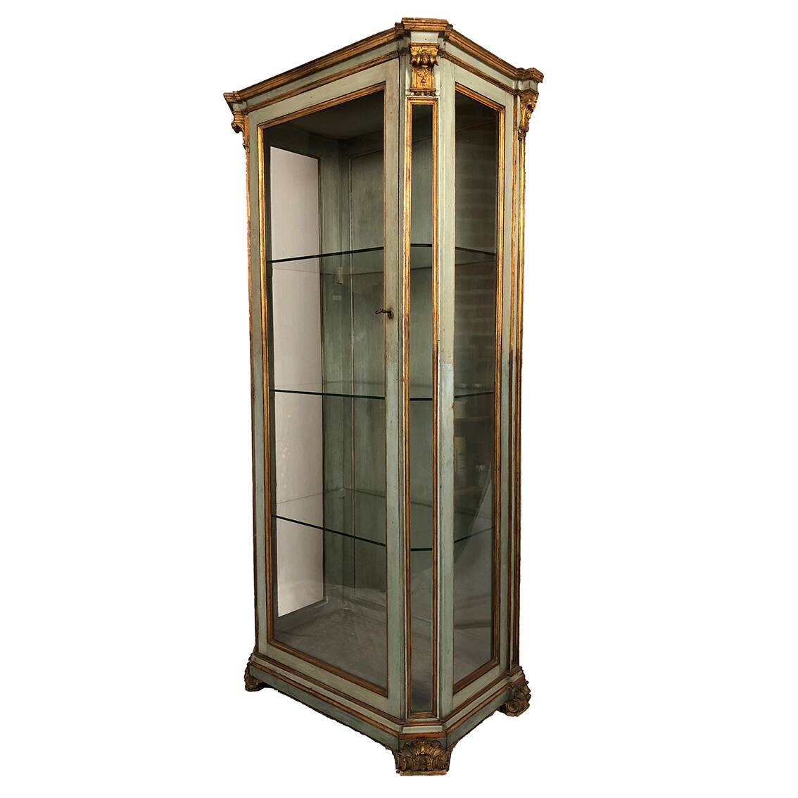 Showcase in blue/green lacquered wood, gold trim, Italy 18th-early 19th century