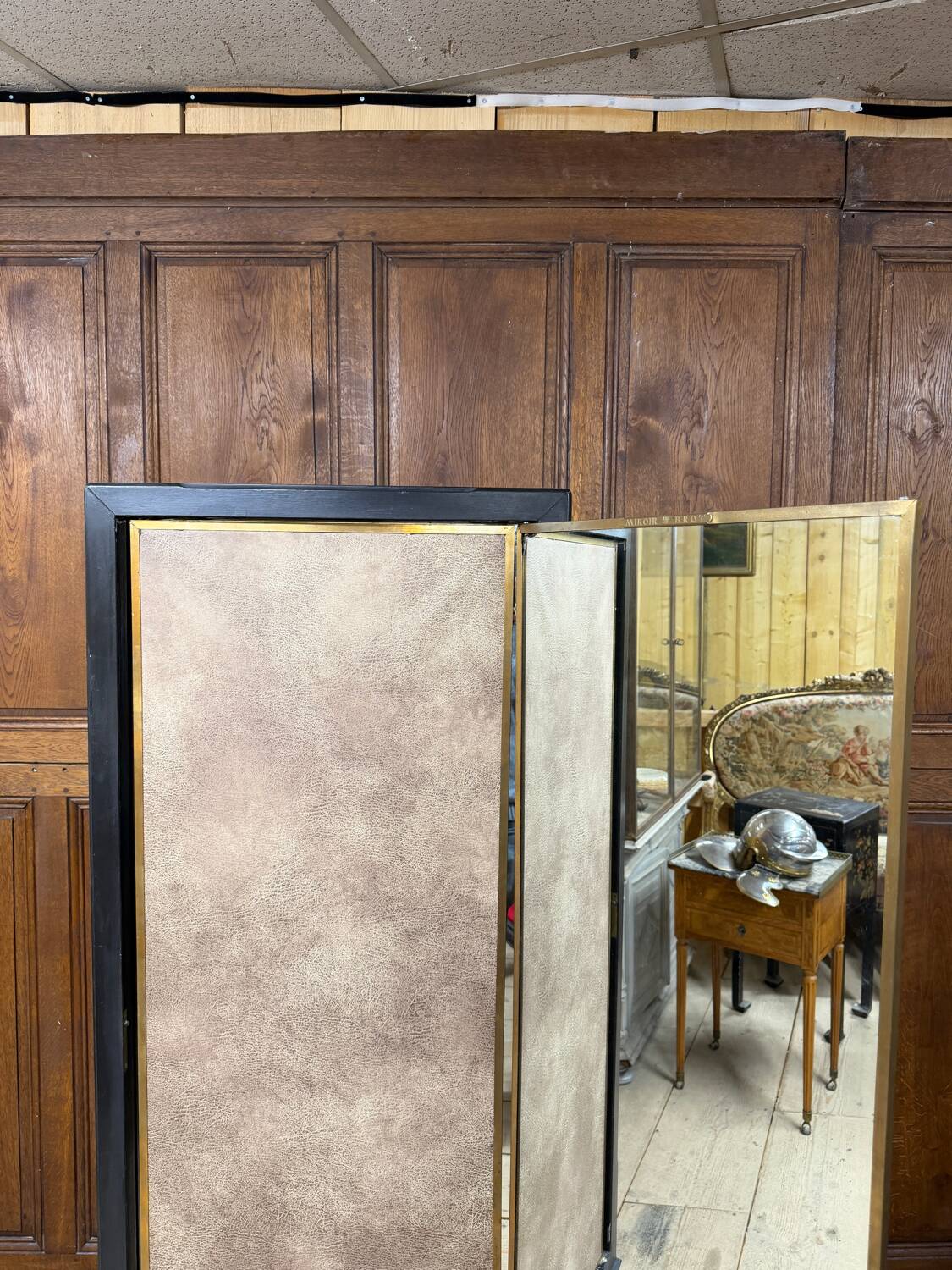 Brot mirror on legs, triptych glass in blackened wood, brass, Art Deco