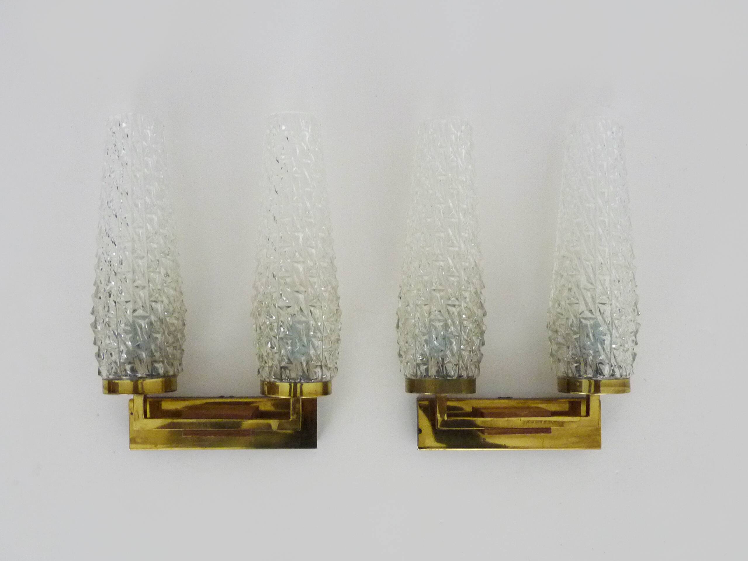 Pair of double-light wall lights, brass, teak globe, glass tubes. 50s-60s