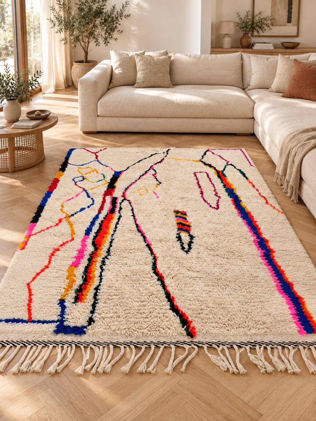 Large cream Berber rug with colourful patterns – 290 × 200 cm