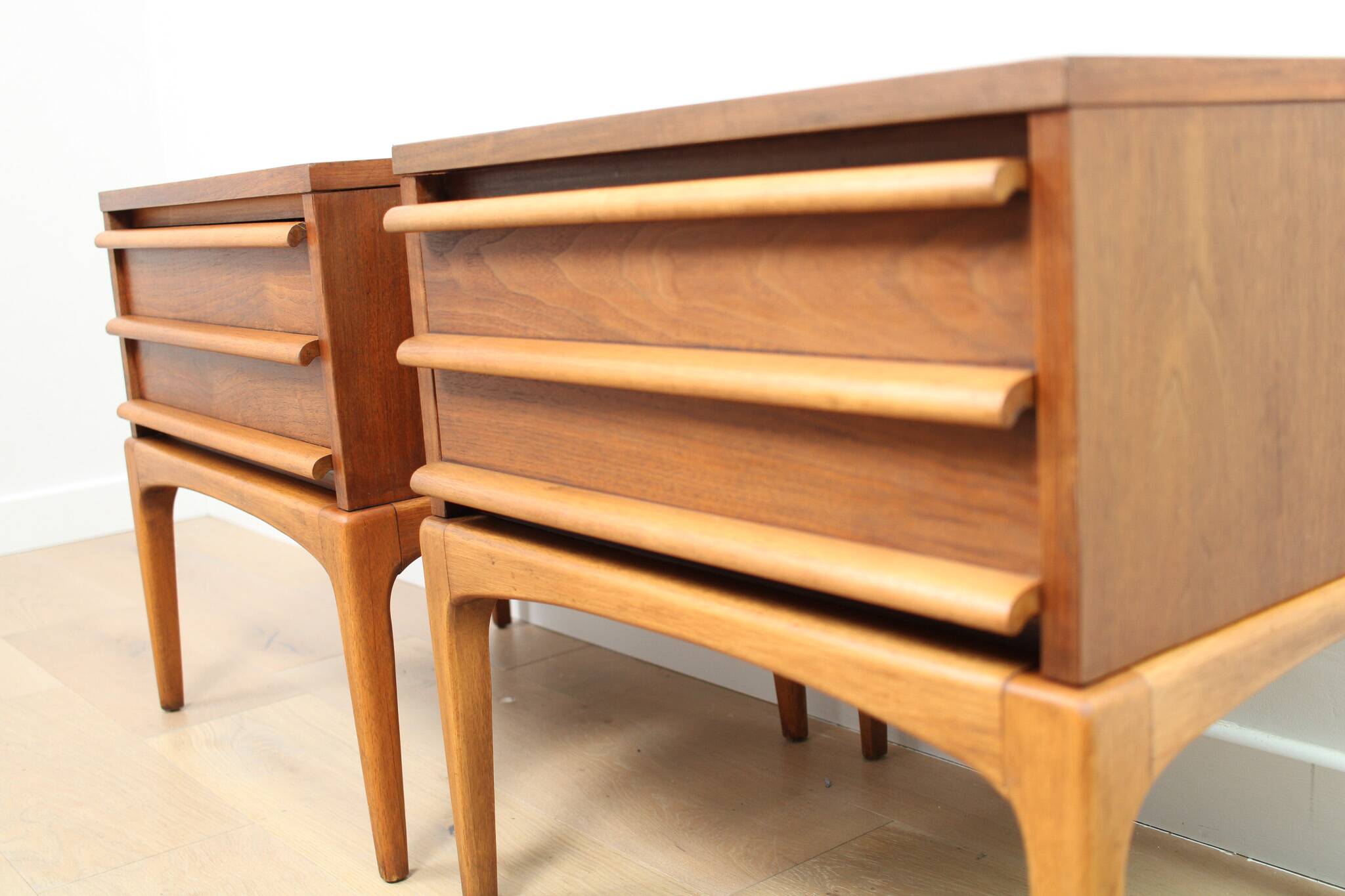 A pair of Vintage Mid-century style Lane 'Rhythm' bedside tables in walnut