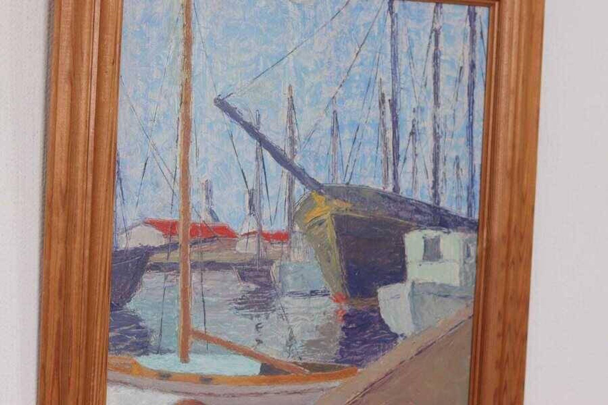 Original Swedish oil on panel – “Moored Boats” by Olle Anderson – vintage & framed – 44 × 51 cm