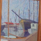 Original Swedish oil on panel – “Moored Boats” by Olle Anderson – vintage & framed – 44 × 51 cm