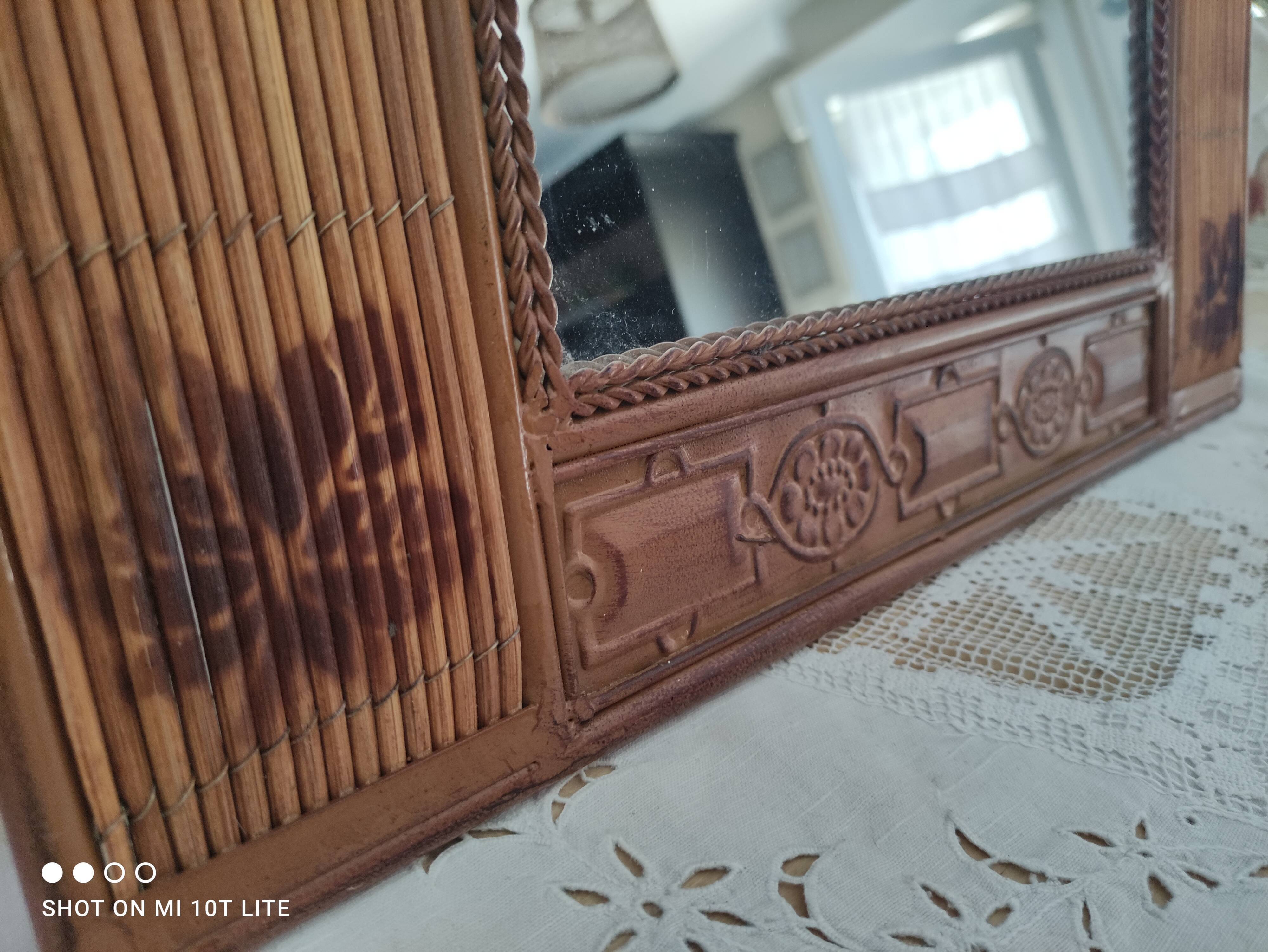 Vintage rattan arch mirror medium honey burnt leaf and metal decoration
