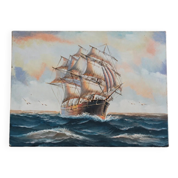 Marine painting on canvas – Large sailing ship at sea – 40 × 30 cm