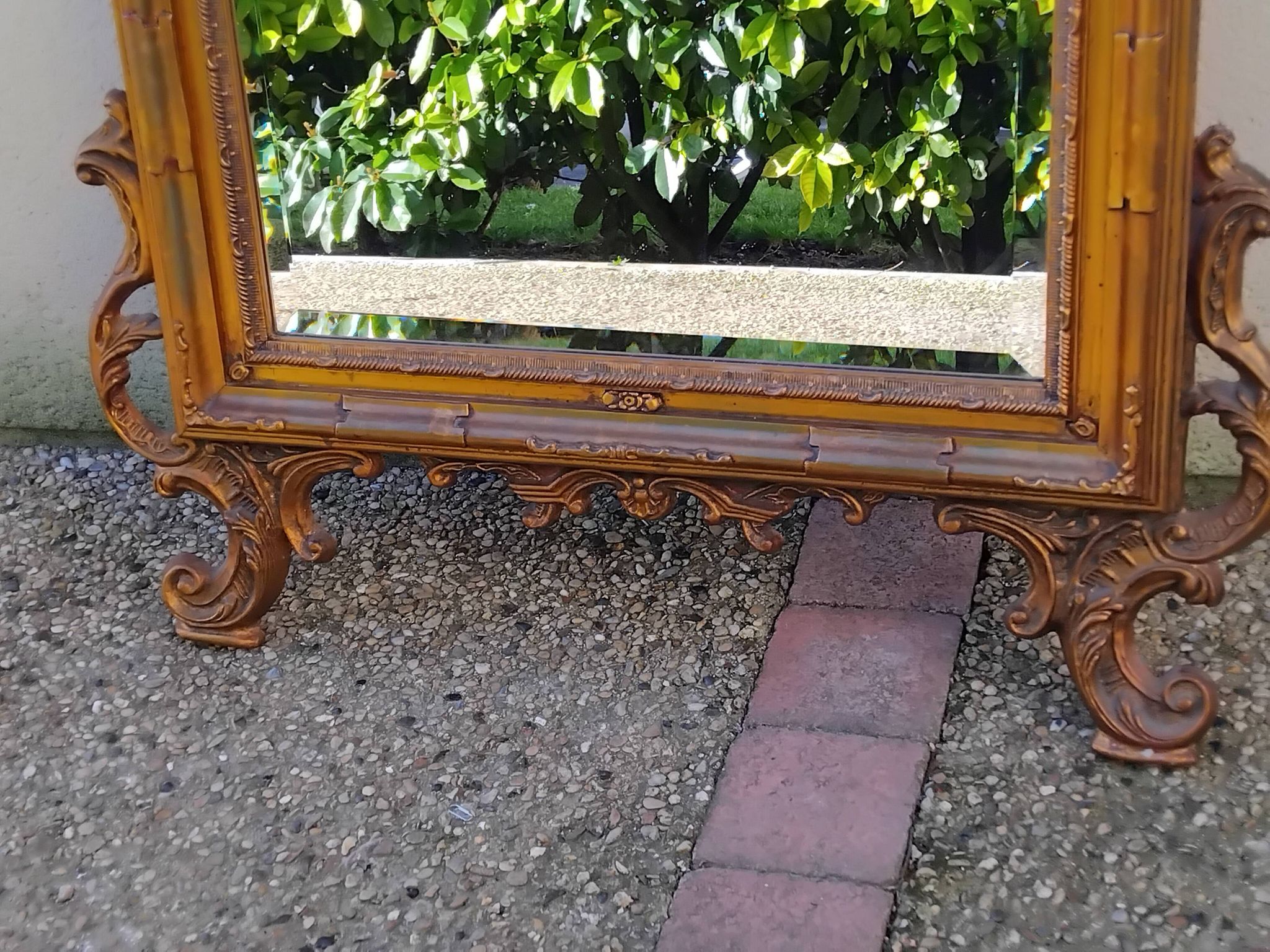 Old large Louis XV style mirror, stucco, wood, resin, beveled
