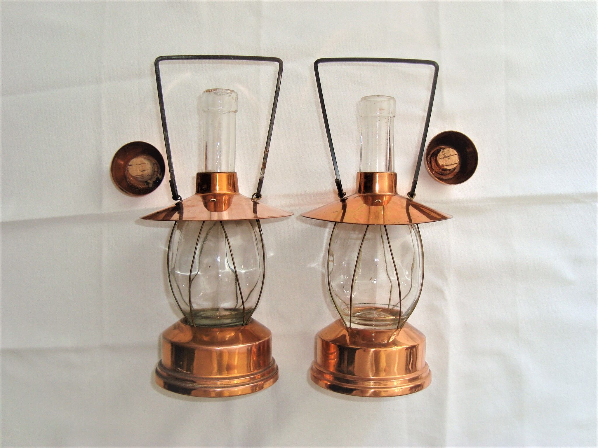Pair bottles carafes bottles musical lantern vintage copper 60