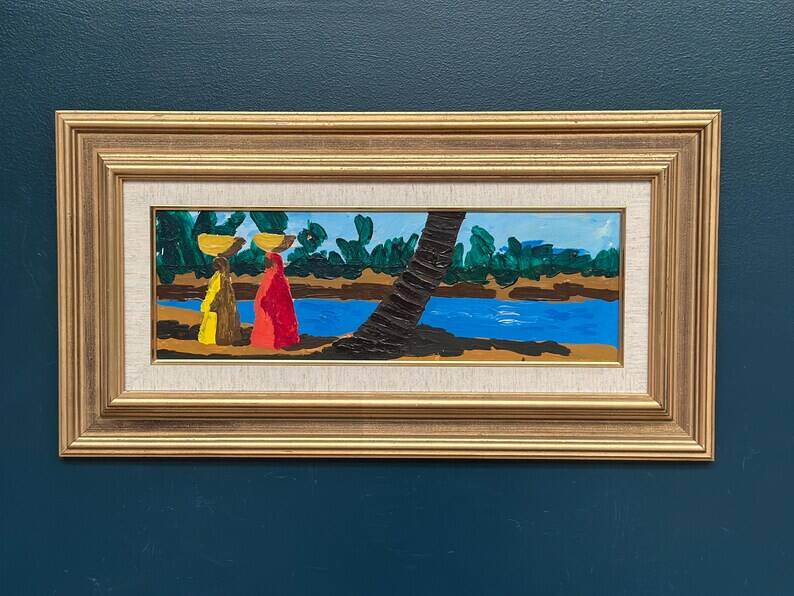 Original Swedish Oil on Panel – "Female Figures by a Stream", attributed to Lars Norrman – Signed – Vintage and Framed – 38 × 74 cm (15 × 29.1 inches)