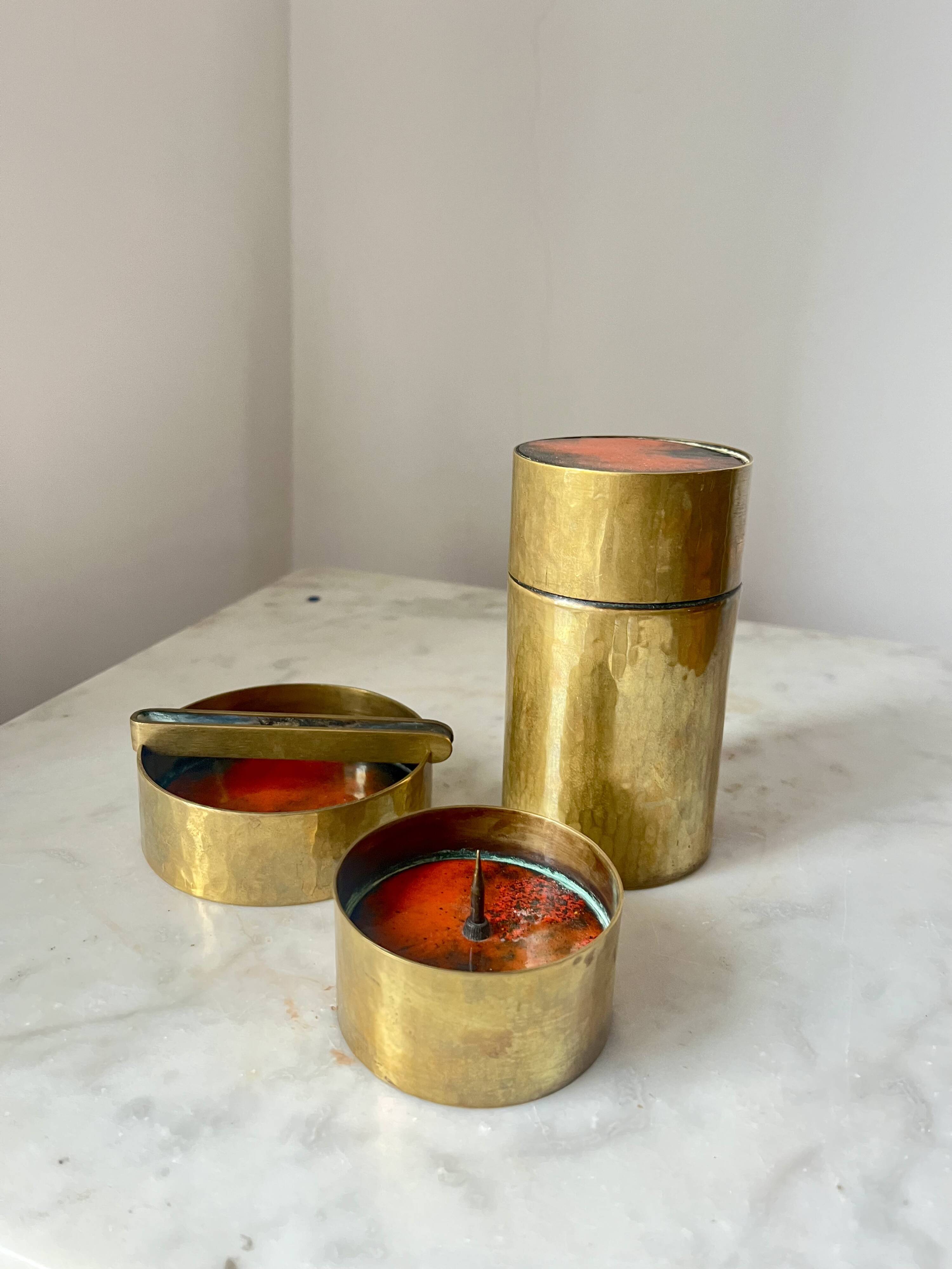 Vintage Red Enamelled Bronze Set, Ashtray, Candle Holder & Lidded Jar, 50s