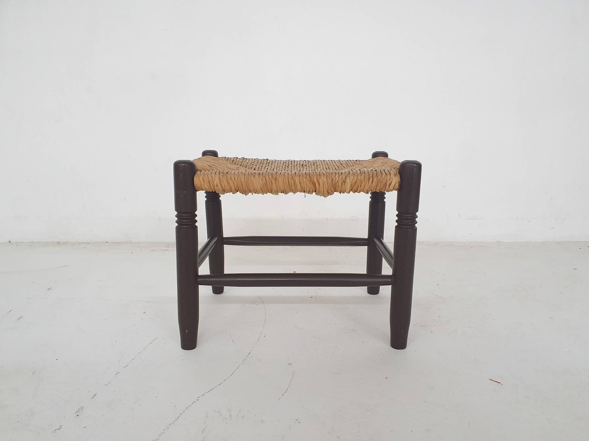 Vintage rattan and wooden stool, France, 1960's