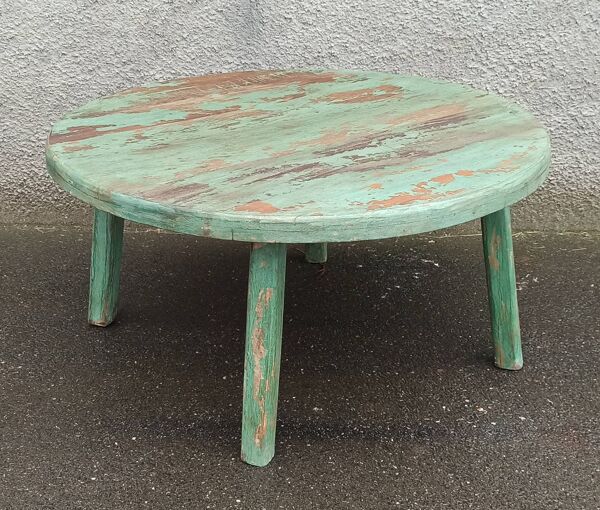 Table basse ronde en bois ancien vert