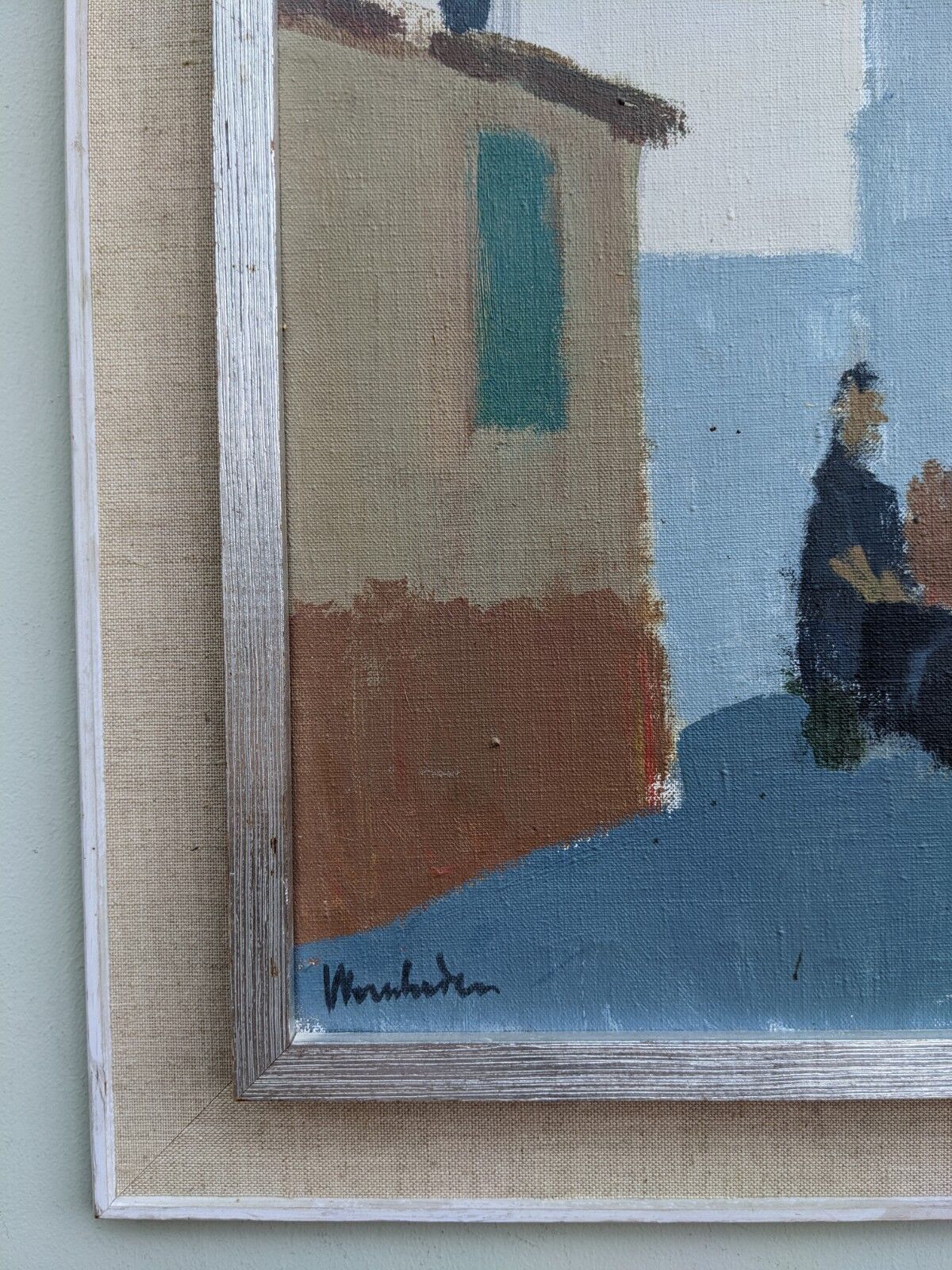 Mid-Century Modern "Charming Town" Vintage Swedish Street Scene Oil Painting, Framed