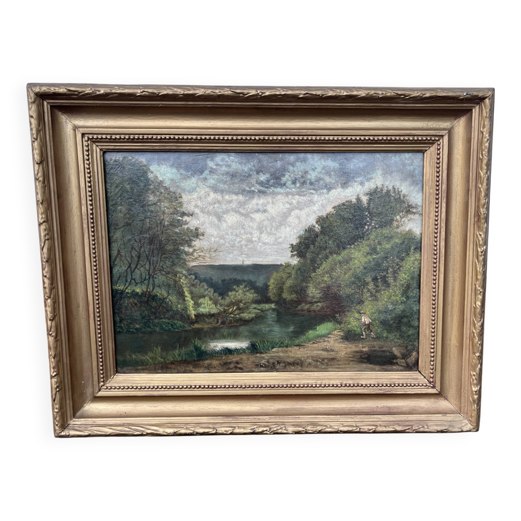19th century painting, signed Vor Janin 1883 – Lively landscape by the water