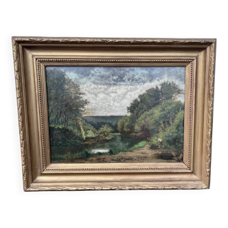 XIX Tableau ancien signé Vor Janin 1883 – Paysage animé au bord de l’eau