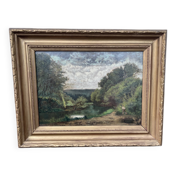 XIX Tableau ancien signé Vor Janin 1883 – Paysage animé au bord de l’eau