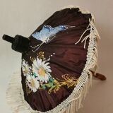 Ancienne ombrelle parapluie de poupée  en bois et tissus à fleurs époque 1950
motifs asiatiques