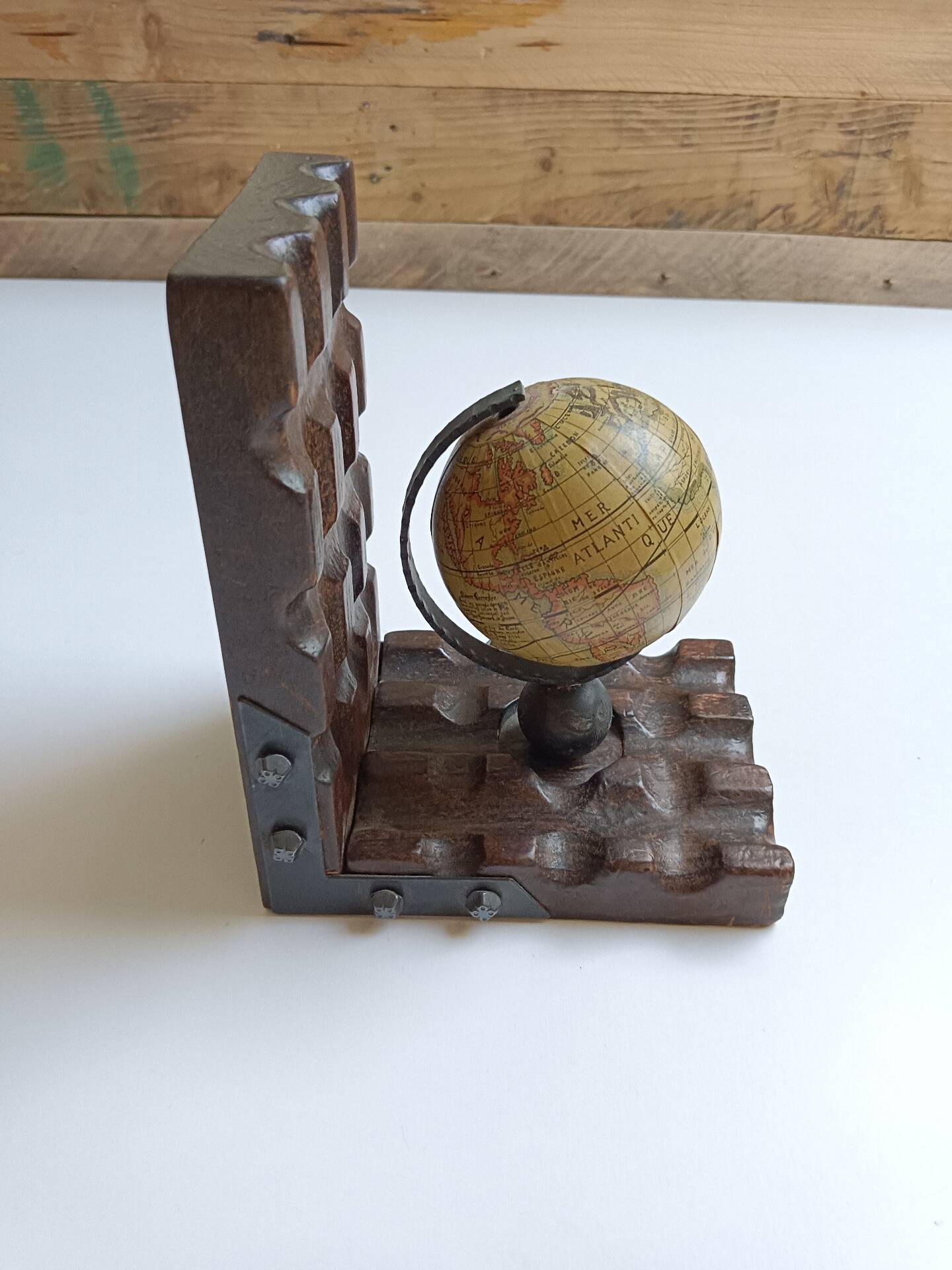 Wooden bookends globe world map