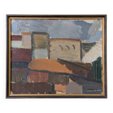 Mid-Century Modern Swedish "City Blocks" Vintage Abstract Oil Painting, Framed
