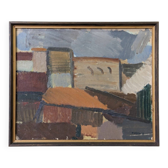 Peinture à l’huile abstraite vintage suédoise « City Blocks », encadrée