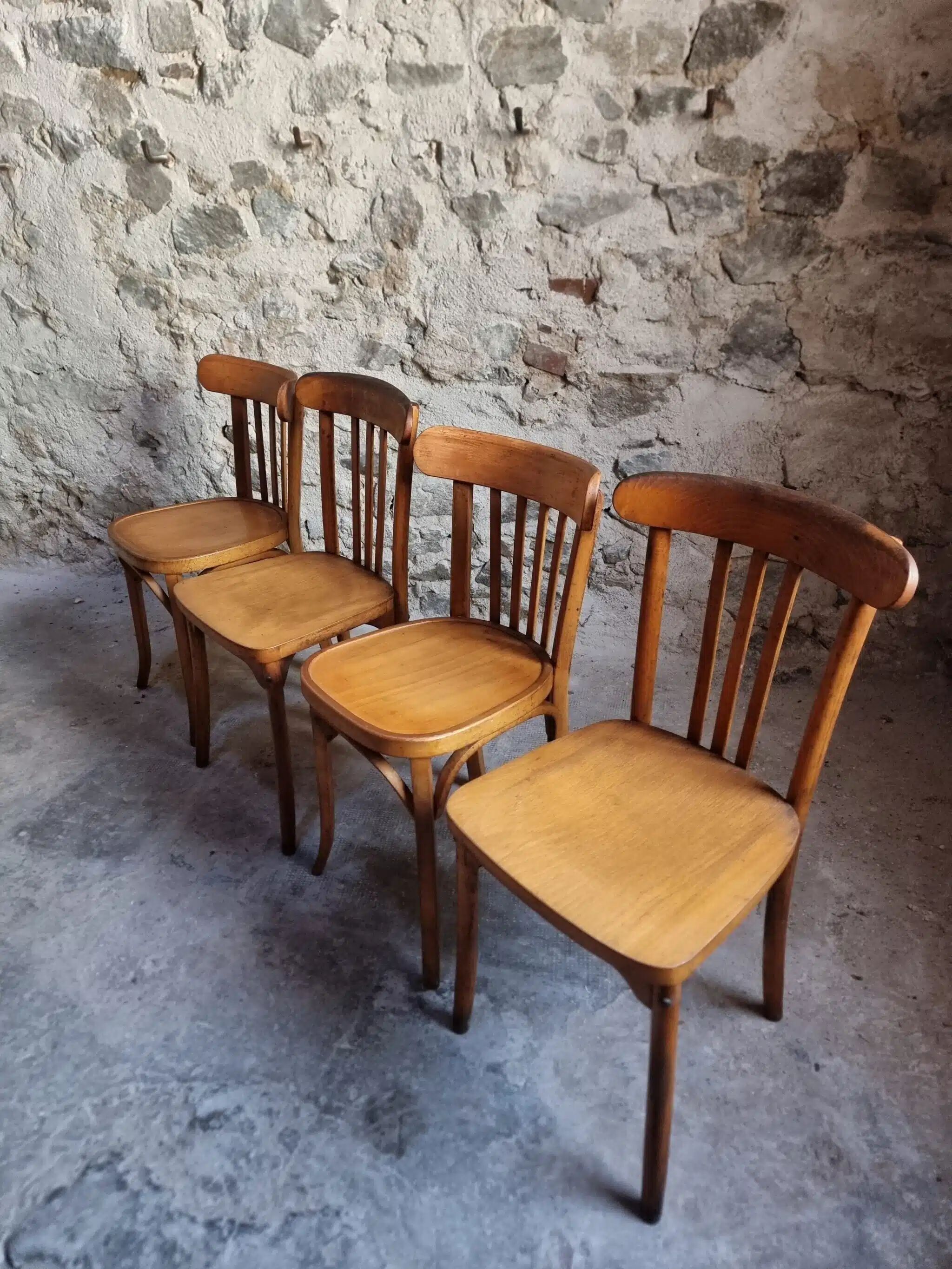 Ensemble vintage de 4 chaises bistrot françaises par Baumann & Luterma, bois de hêtre, années 1950