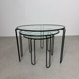 Set of 3 Minimalist Wire and Glass Nesting Tables, 1970s - 1980s