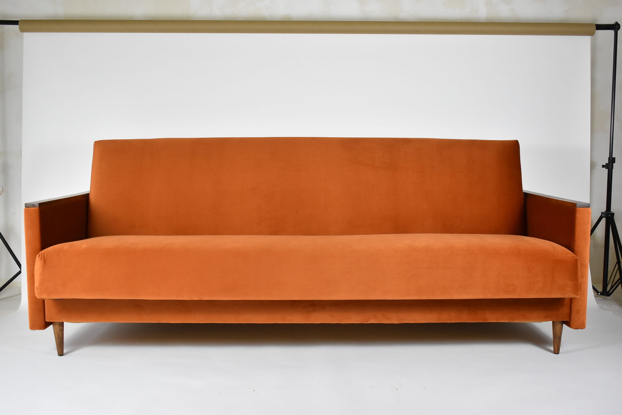 Vintage sofa, convertible couch, fully restored, 1960s, russet orange velvet
