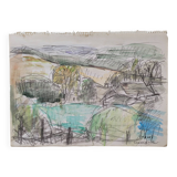 Watercolor by Nagao Usui: Landscape, view of Genainville