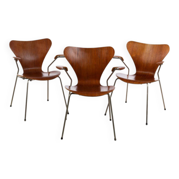 Fauteuil Arne Jacobsen des années 1950 en teck, par Fritz Hansen, ensemble de 3