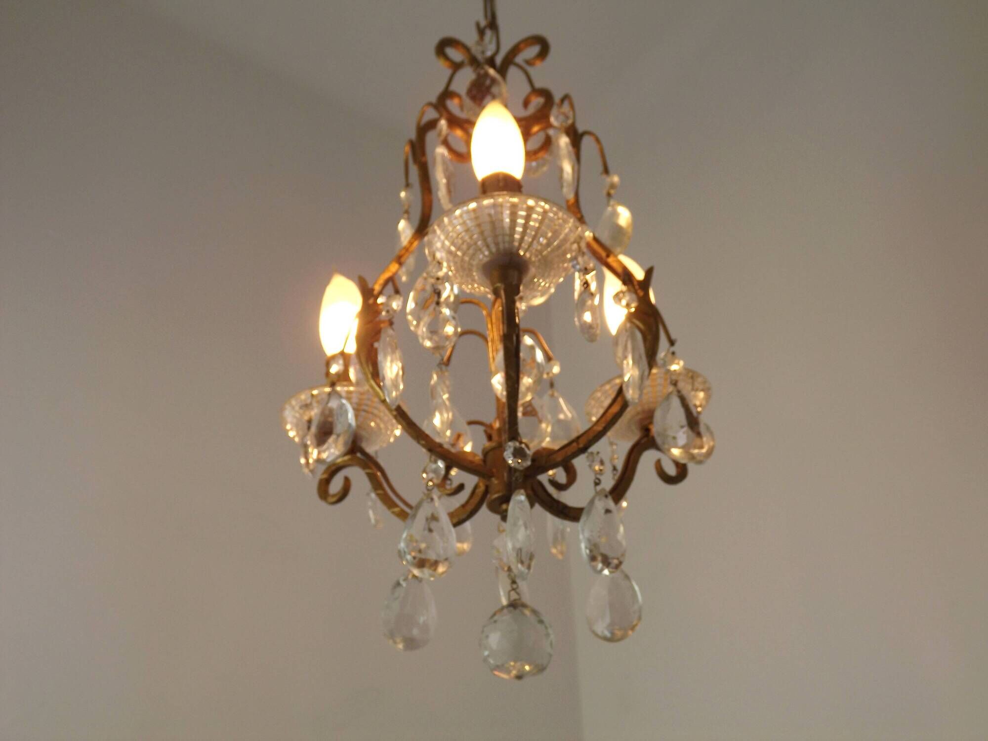 French Vintage Goldtone Metal & Crystal 3 Light Cage Chandelier 5502