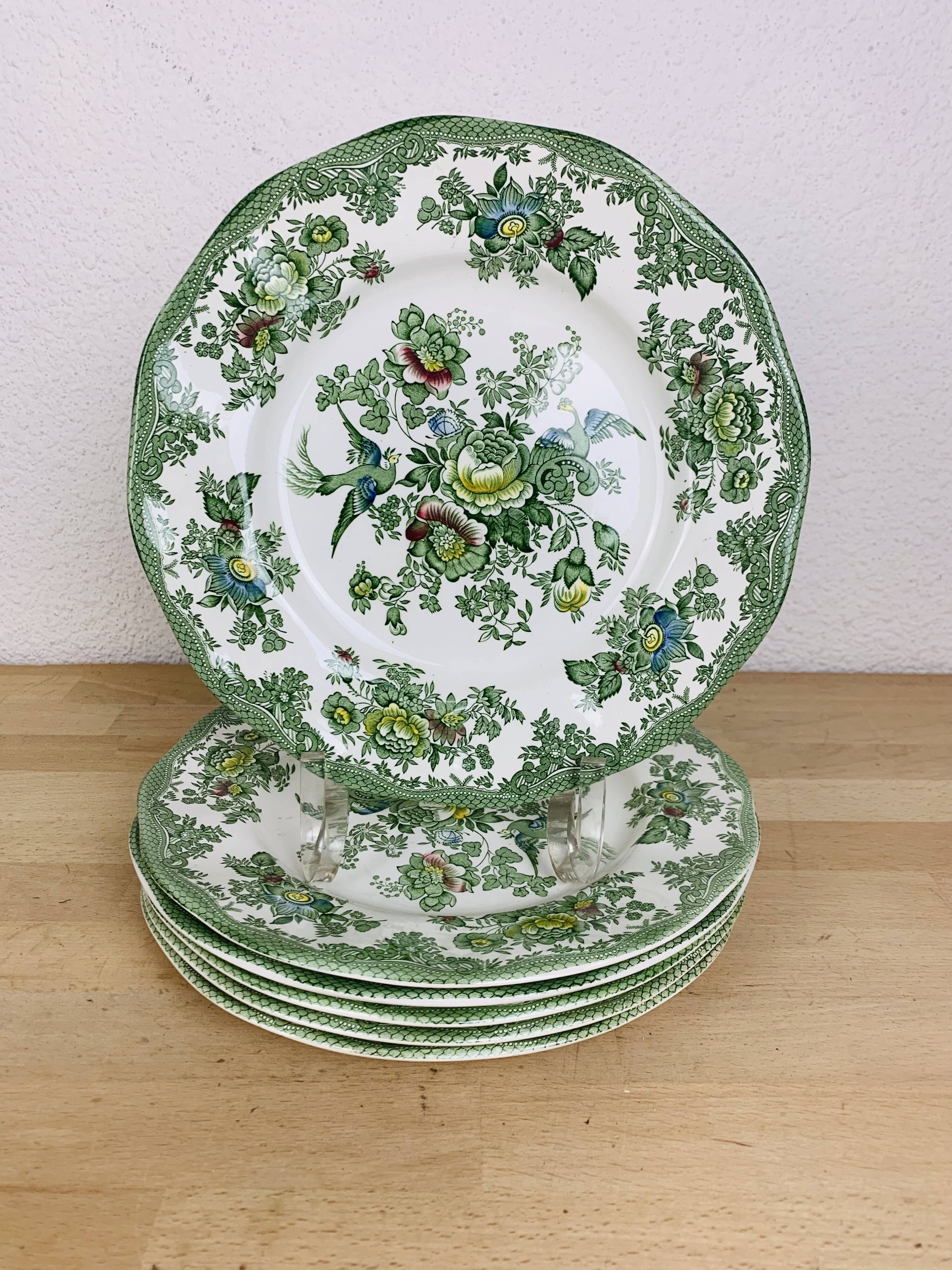 6 flat plates Wedgwood Oriental Pheasants green