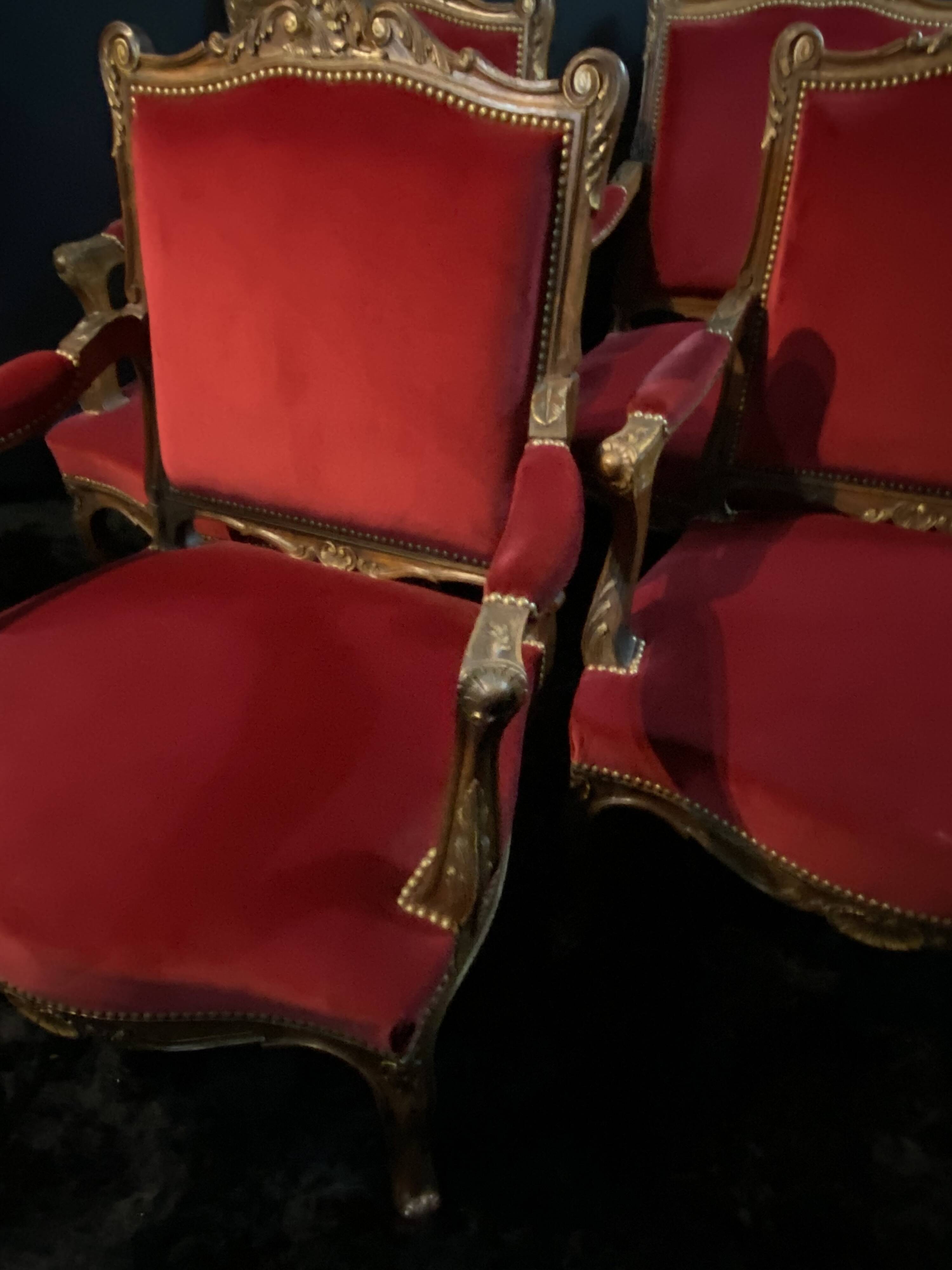Pair of flat-back armchairs in Louis XV style in red velvet.